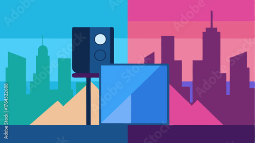 A splitscreen view with a speaker on one side presenting against a colorful digital skyline that changes based on the discussion topic.