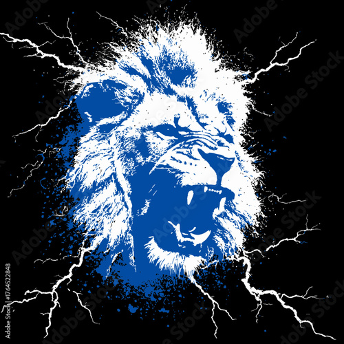 Powerful blue roaring lion head illustration with aggressive expression, grunge splatter effect, and dramatic lightning bolts on black background.