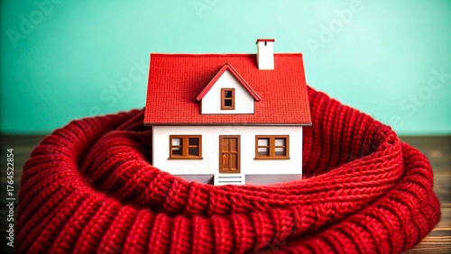 Warm house protection concept with red scarf wrapped around miniature home
