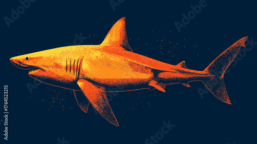 Vibrant golden orange shark illustration with sharp teeth, a powerful marine predator swimming in deep blue ocean waters.