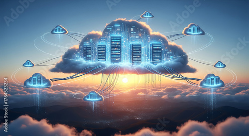 cloud computing, Ethernet cables,Cloud Computing and Network Connectivity Digital Illustration, data storage, network connectivity, Copy space.	