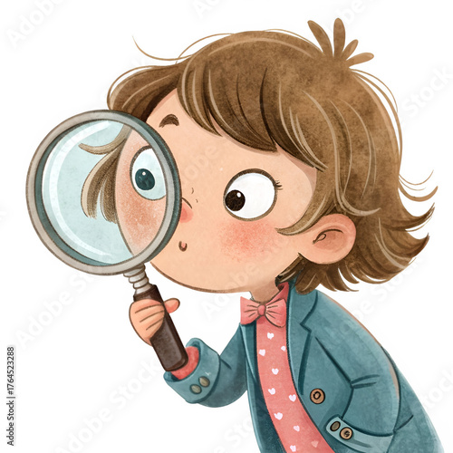 Child holding magnifying glass isolated on transparent background