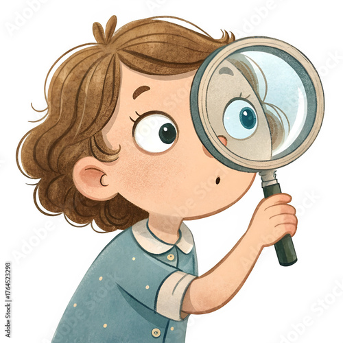 Child holding magnifying glass isolated on transparent background