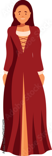 Young smiling medieval woman wearing long elegant red dress with laces is posing calmly