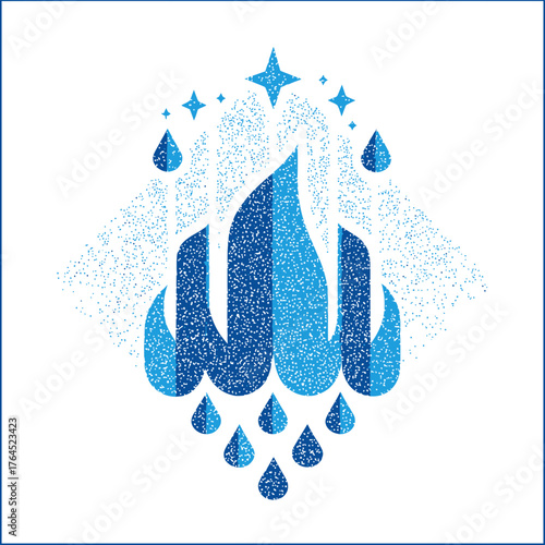 Abstract textured blue flame icon formed by water droplets, surrounded by sparkling stars and water splashes. Energy, clean power graphic design.