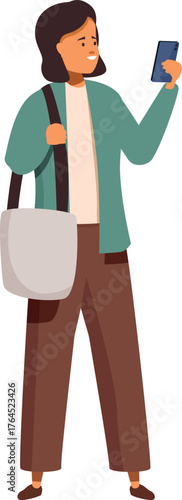 Smiling woman using mobile phone and carrying tote bag, promoting sustainable lifestyle