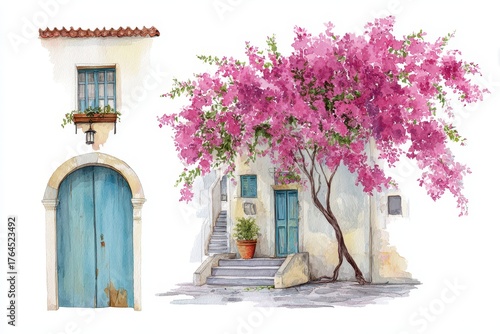 Fototapeta Naklejka Na Ścianę i Meble -  Bougainvillea Watercolor. African and Mediterranean Architecture with Hand Painted Decorative Elements