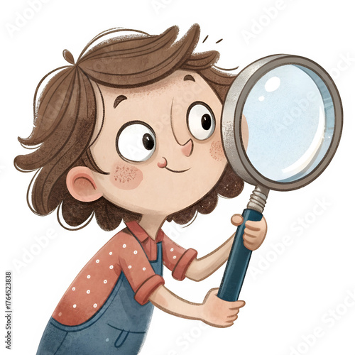 Child holding magnifying glass isolated on transparent background