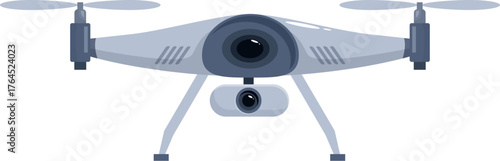White and gray quadcopter drone with camera, hovering against white background, representing aerial photography and videography