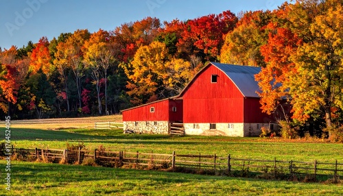 Fototapeta Naklejka Na Ścianę i Meble -  A bright red barn sits amid green grass and colorful fall foliage, bathed in sunlight under a clear blue sky