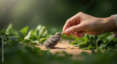 A tiny fledgling cautiously accepts a crumb from a gentle human hand amid sunlit green foliage, warm soft light casting shallow bokeh and a tender moment of trust and care. Warmly