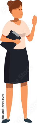 Office worker holding clipboard and waving, business communication concept