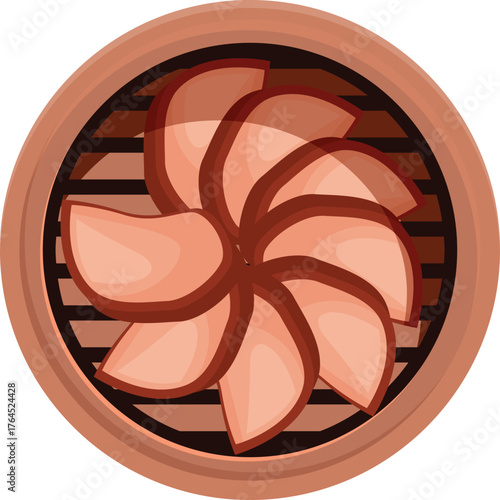 Delicious dumplings arranged in a bamboo steamer basket, steaming hot and ready to eat, top view