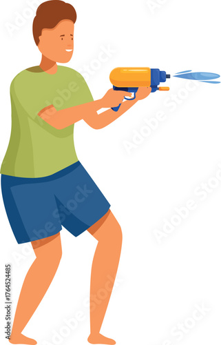 Child enjoying summertime playing with water pistol, shooting water and having fun