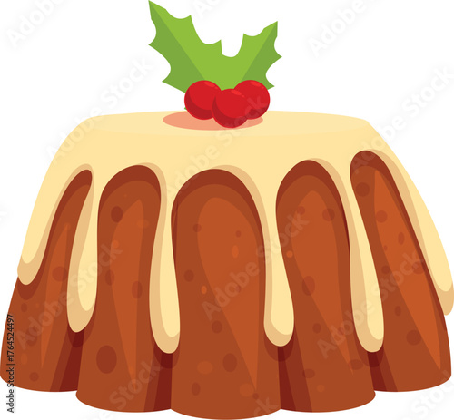Delicious christmas pudding features holly berries and dripping white icing, evoking warmth and joy of festive season