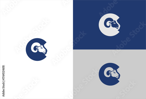 Ram head profile inside dark blue C shape against white, blue, grey