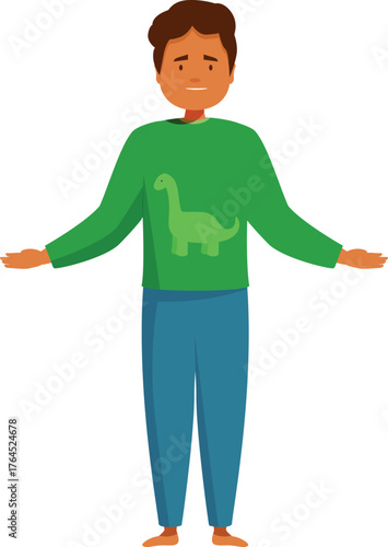 Confused boy shrugging shoulders wearing green dinosaur sweater