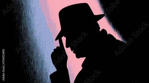 Mysterious silhouette of a person in a fedora hat, clandestine figure in dramatic, contrasting light, evoking film noir suspense.