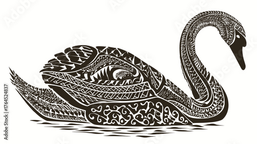 Beautiful highly detailed ornamental black and white swan illustration. Elegant bird design with intricate tribal patterns.