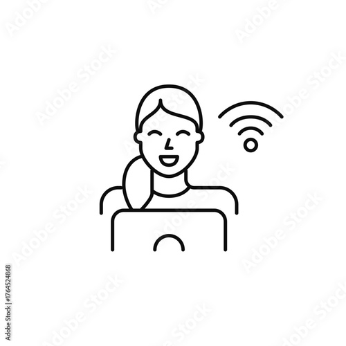 Woman working at laptop and wifi. Online productivity, remote learning and job. Pixel perfect, editable stroke vector icon