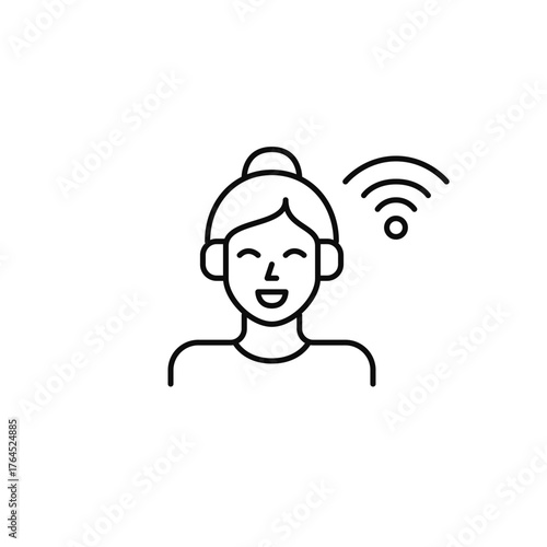 Woman wearing headphones and wi-fi. Podcast, audio and wireless listening. Pixel perfect, editable stroke vector icon