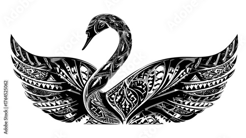 Elegant black and white swan illustration with intricate tribal patterns and ornate decorative wings