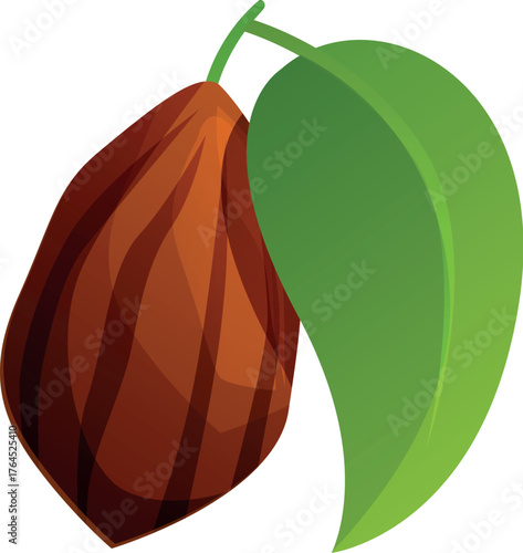 Ripe cocoa bean hanging near vibrant green leaf, representing the origin of chocolate