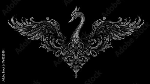 Elegant black and white swan illustration with intricate baroque-style ornamental flourishes, delicate scrollwork, and a decorative pattern on a dark background