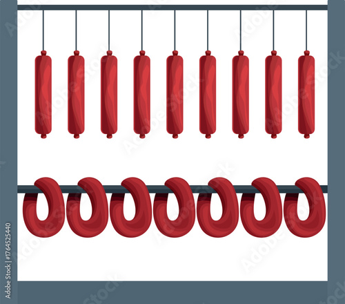 Fresh sausages hanging in a food processing plant, showcasing the production process