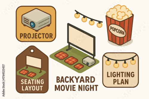 Cozy backyard movie night setup with projector, screen, and popcorn