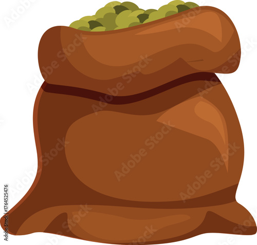 Brown burlap sack overflowing with freshly harvested green coffee beans, ready for processing and roasting