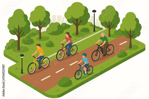Isometric park scene with diverse people biking on a sunny path