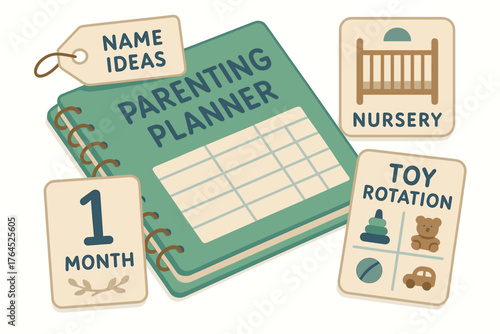 Parenting planner with name ideas, nursery setup, and toy rotation tips