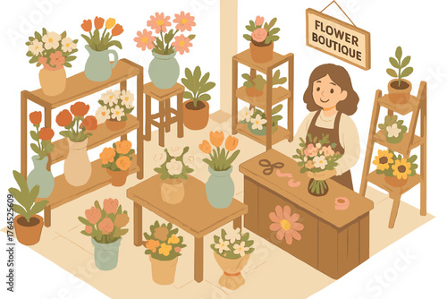 Cozy flower boutique with female shopkeeper surrounded by colorful blooms