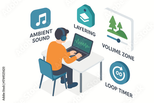 Young caucasian male using laptop for sound editing with ambient, layering, loop features