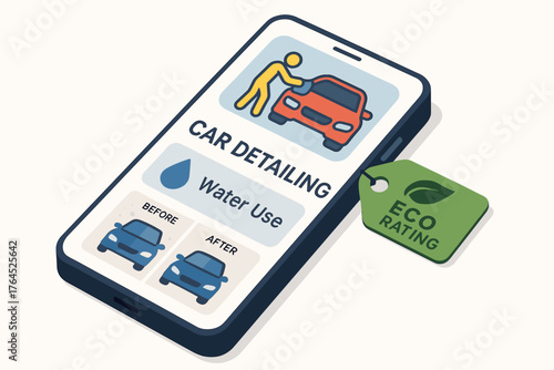 Eco-friendly car detailing app displaying water use and eco rating on smartphone
