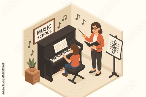 Young female student learning piano with female teacher in music school classroom