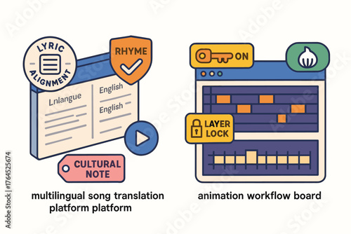 Multilingual song translation and animation workflow icons
