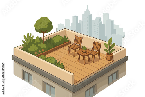Rooftop garden patio with wooden chairs and table in urban setting