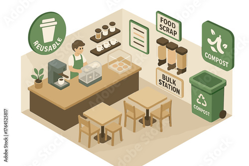 Eco-friendly cafe with composting and bulk station concepts in isometric design