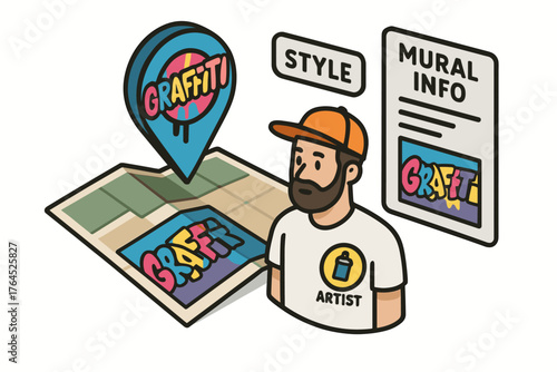 Cartoon male artist with map and graffiti elements in urban art design