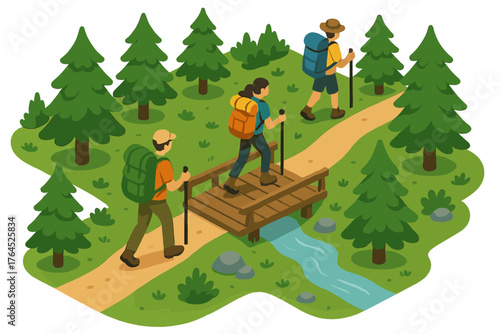 Three hikers on forest trail crossing bridge over stream