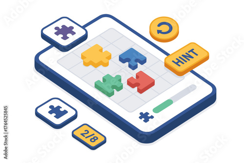 Colorful puzzle game interface on mobile device with interactive features