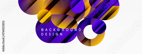 Abstract colorful shapes overlap, creating dynamic background. Purple, gold hues dominate design, text present.
