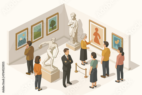 Art gallery visit with diverse adults observing sculptures and paintings