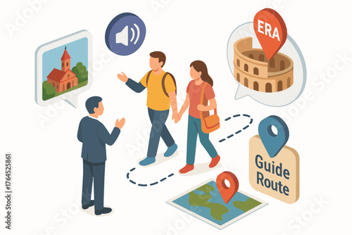 Young caucasian couple guided tour exploration with map and landmark icons