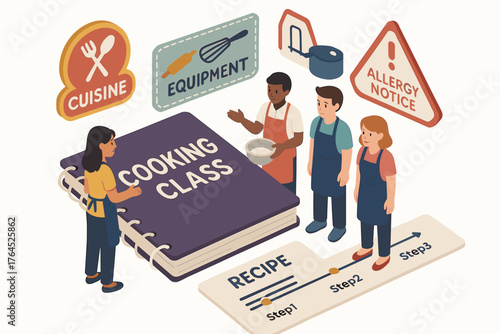 Diverse children learning cooking skills in interactive class with teacher and recipe guide