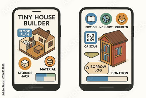 Tiny house builder mobile app interface for planning and library features