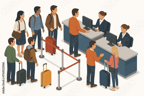 Diverse group of travelers at airport check-in counter with luggage