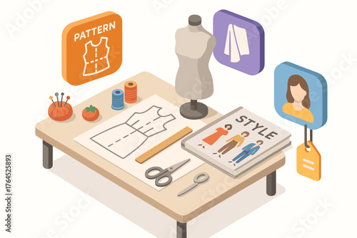 Fashion design workshop with sewing tools and dress pattern on table